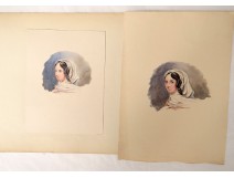 2 watercolors on paper study portrait young woman scarf nineteenth century