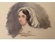 2 watercolors on paper study portrait young woman scarf nineteenth century
