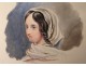 2 watercolors on paper study portrait young woman scarf nineteenth century