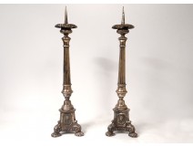 Pair candlestick candlesticks bronze silver Christ Sacred Heart Virgin nineteenth