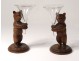 Pair sculptures bear wood Black Forest cornet glass flower holder nineteenth