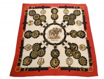 Square silk scarf Hermès Paris Saddle with floral lily cover Vintage 90cm