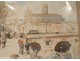 Watercolor view Toulouse quai banks Garonne Pont Neuf Convent Jacobins nineteenth