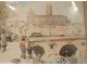 Watercolor view Toulouse quai banks Garonne Pont Neuf Convent Jacobins nineteenth