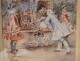 Watercolor pair elegant characters carriages Belle Epoque Izard nineteenth