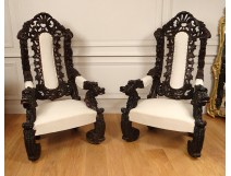 Pair large armchairs carved wood Italy Venice baroque grape vine nineteenth