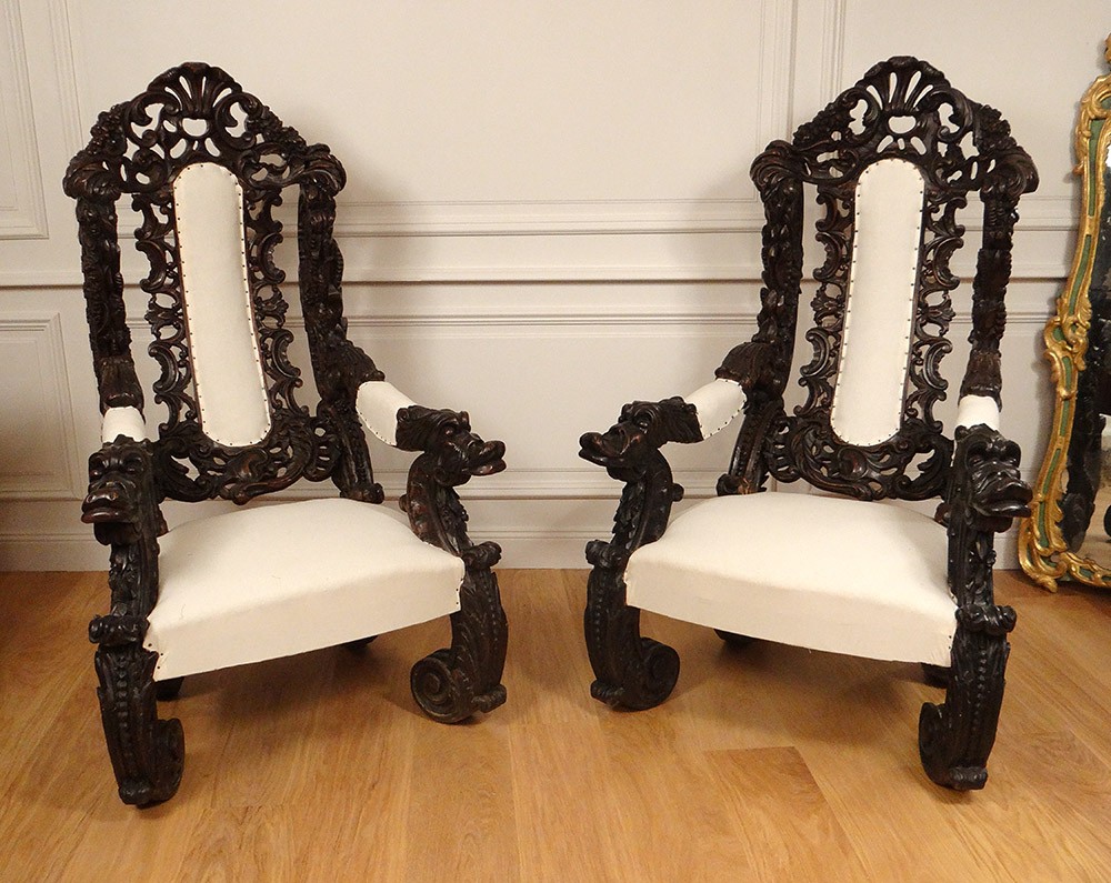 Coppia Grandi Sedie Legno Lavorato Italia Venezia Barocco Uva Vite XIX