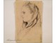 Charcoal portrait drawing young woman in scarf 19th