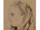 Charcoal portrait drawing young woman in scarf 19th