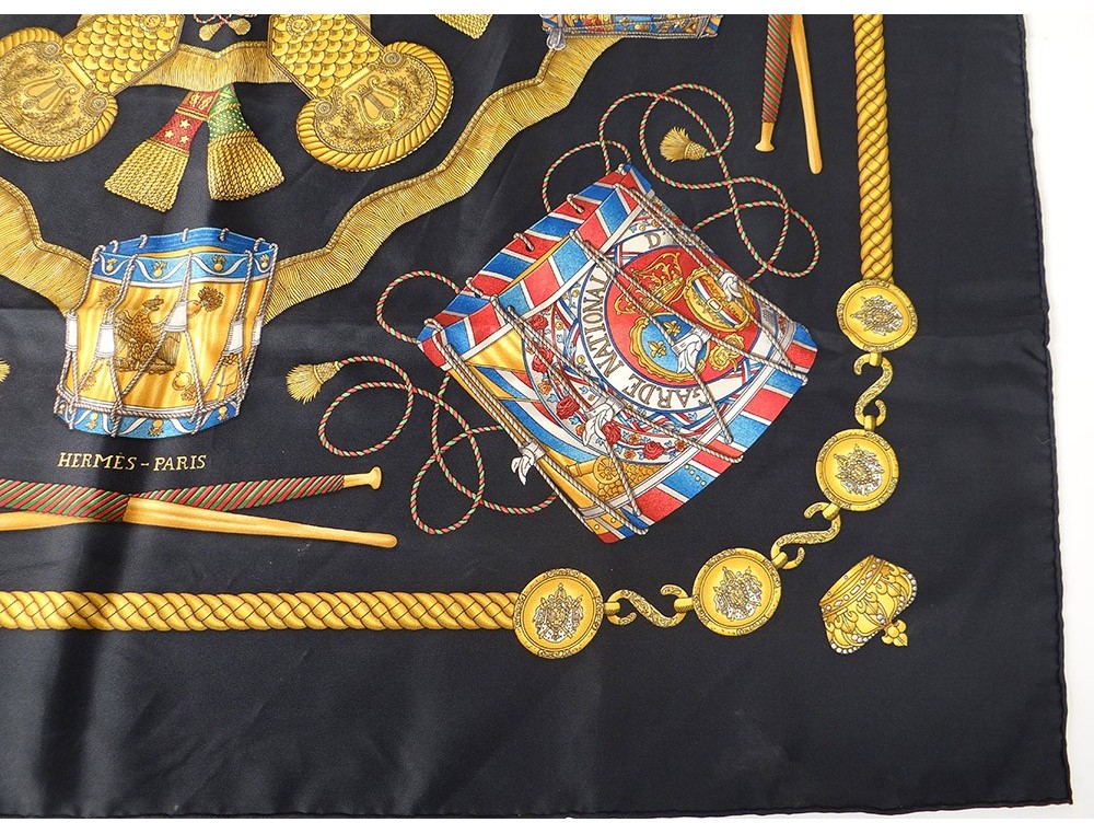 Hermes Vintage 1989 Les Tambours Silk Scarf by Joachim Metz in Black