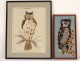 2 paintings collage feathers dried leaves owls Scarlet twentieth century