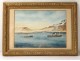 Watercolor landscape Iceland boats Vestmann islands Vestmannaeyjar volcano twentieth