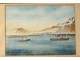 Watercolor landscape Iceland boats Vestmann islands Vestmannaeyjar volcano twentieth