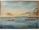 Watercolor landscape Iceland boats Vestmann islands Vestmannaeyjar volcano twentieth