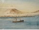 Watercolor landscape Iceland boats Vestmann islands Vestmannaeyjar volcano twentieth