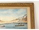 Watercolor landscape Iceland boats Vestmann islands Vestmannaeyjar volcano twentieth