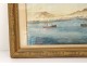 Watercolor landscape Iceland boats Vestmann islands Vestmannaeyjar volcano twentieth