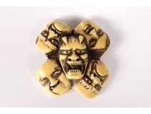 Netsuke Manju Ryusa Ivory Carved Noon Demon Masks Oni Japan Signed Edo Nineteenth