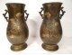 Pair of bronze vases Japan birds flowers katakiri bori shakudo Meiji nineteenth