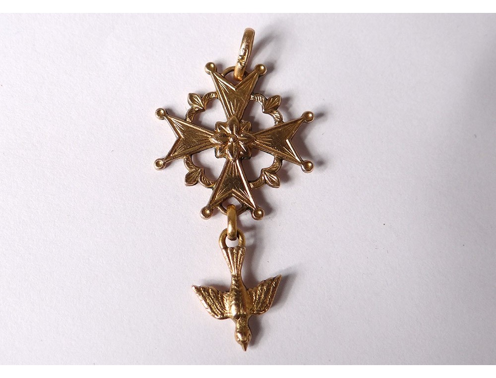 Huguenot cross pendant gold metal dove Holy Spirit jewel twentieth century