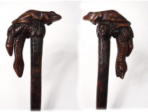 Cane Folk Art Carved Wood Snakes Frog Monkey Nineteenth Century
