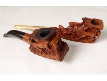 2 old pipes heather carved deer stag Monn Saint-Claude twentieth century