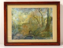 Watercolor gouache Joseph Posenaer landscape lock Flemish school twentieth century