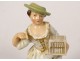 Polychrome porcelain statuette elegant woman cage oiseeau nineteenth century