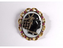 Cameo brooch Négresse onyx solid gold 18K ruby diamonds XIXth