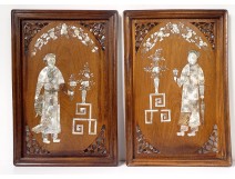 Pair of decorative mother-of-pearl wood panels characters Vietnam Indochina XIX