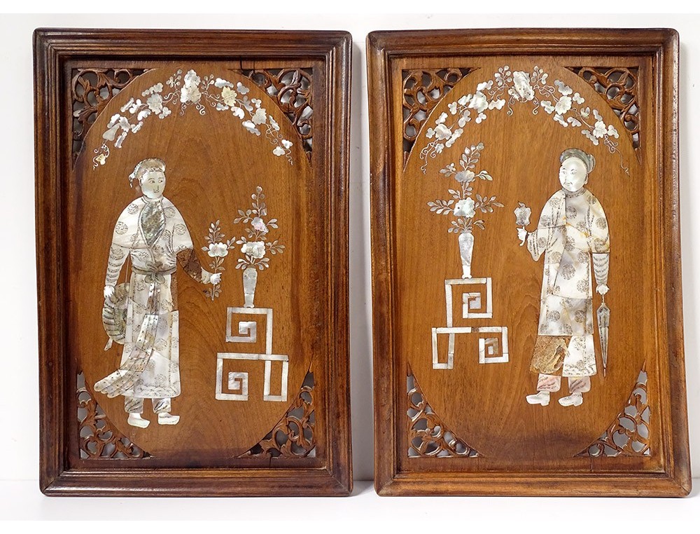Paravent Décoratif Asiatique – 4 Panneaux Bois Laqué Noir Incrustés De Nacre – Scène Traditionnelle