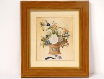 Watercolor rice paper wicker basket bouquet flowers butterflies XIXth century