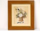 Watercolor rice paper wicker basket bouquet flowers butterflies XIXth century