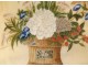 Watercolor rice paper wicker basket bouquet flowers butterflies XIXth century