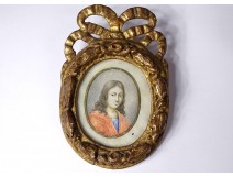 Miniature oval portrait young man gilded carved wooden frame knot eighteenth
