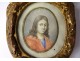 Miniature oval portrait young man gilded carved wooden frame knot eighteenth