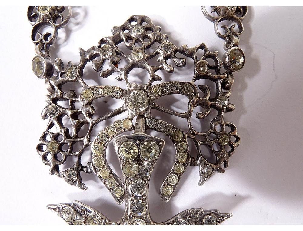 Collier Vintage Art Nouveau - Argent Sterling Et Zircon Transparent - Semi-rigide Avec Poinçons - État Correct
