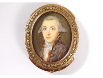 18K solid gold miniature brooch painted 18th century Paris aristocrat portrait