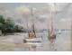 Pastel painting boats port Brittany Morbihan Philippe Girardot 20th century