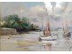 Pastel painting boats port Brittany Morbihan Philippe Girardot 20th century