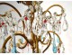 Chandelier 6 lights gilded bronze crystal color tassels pearls XIXth century