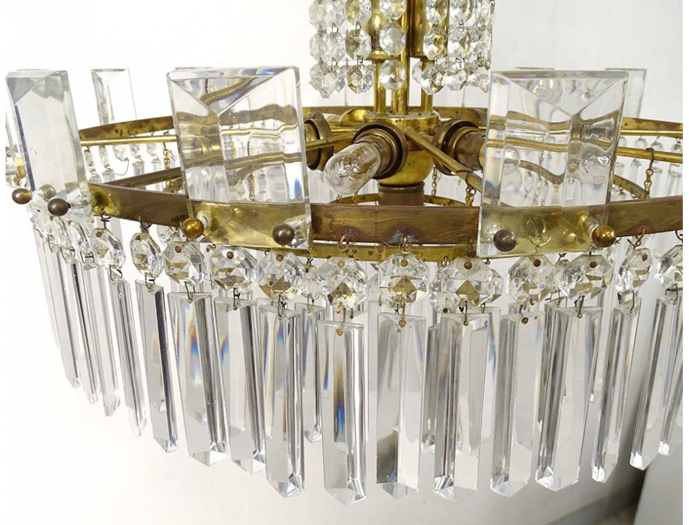 Lustre cage en laiton doré et pampilles de verre