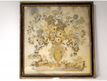 Large embroidery silk bouquet wedding flowers blackened frame vase 1812 XIX
