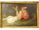 Small HSP painting Lanfant de Metz children bird landscape golden frame 19th