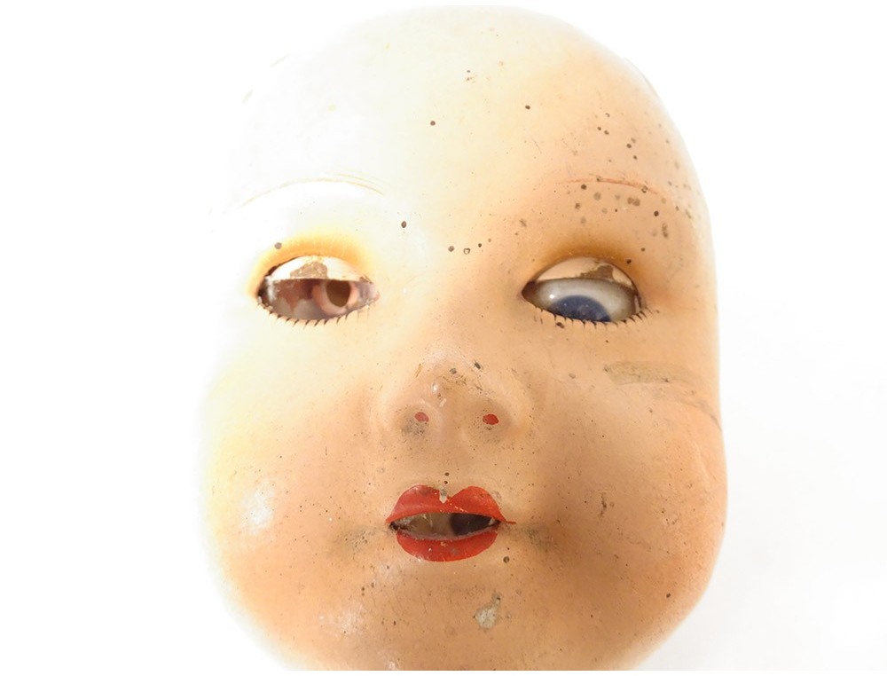 Tête De Poupée Ancienne - Carton Bouilli, Yeux Sulfure, Cheveux Mohair - Paris 1930-40