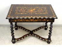 Dutch table inlaid flowers blackened wood twisted legs nineteenth