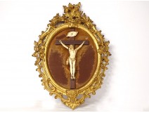 Christ ivory Dieppe crucifix gilded carved wood frame XIXth century