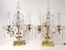 Pair of girandoles 3 lights bronze pendants cut crystal flowers XIXth century