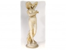 Large alabaster sculpture nude woman nymph Venus flowers Art Nouveau XIXth