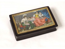 Tortoiseshell box ivory miniature horn gallant scene soldier women nineteenth century